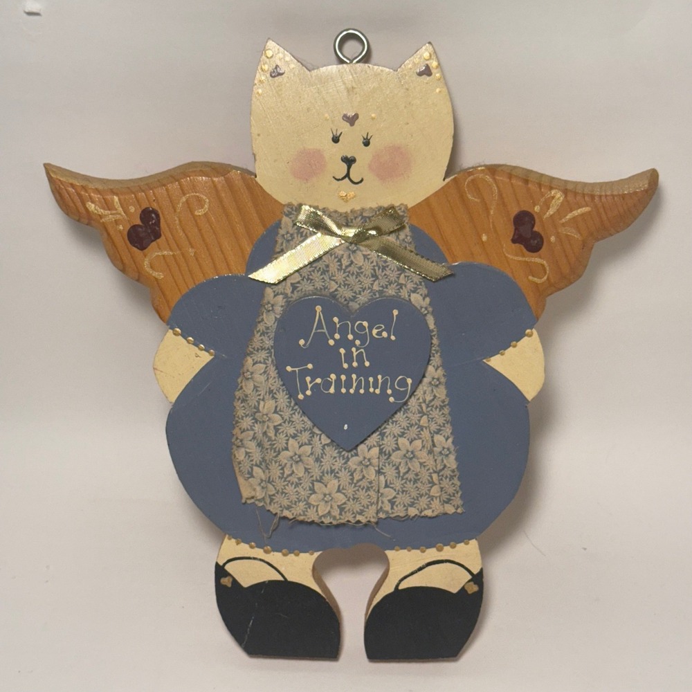 Handmade Wooden Cat Angel Wall Hanging Blue Dress Angel in Training Folk Art‎